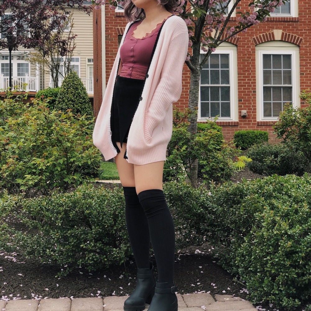 Pink Ribbed V-neck Cardigan - Picture 4 of 6